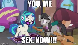 Size: 490x288 | Tagged: suggestive, derpibooru import, edit, edited screencap, screencap, octavia melody, vinyl scratch, slice of life (episode), caption, cello, female, headphones, image macro, implied sex, lesbian, meme, musical instrument, scratchtavia, shipping, turntable, vinyl and octavia's home, you. me. x. now.