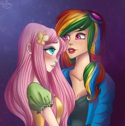 Size: 1618x1632 | Tagged: safe, artist:salivey, derpibooru import, fluttershy, rainbow dash, human, cute, female, flutterdash, humanized, lesbian, lipstick, shipping