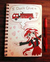 Size: 3184x3936 | Tagged: artist:grocerystorephobic, cute, derpibooru import, euphemism, fire engine, my past is not today, no fucks, safe, shimmerbetes, solo, sunset shimmer, traditional art, wordplay