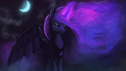 Size: 1920x1080 | Tagged: safe, artist:hierozaki, derpibooru import, princess luna, alicorn, pony, cloud, crescent moon, crying, ethereal mane, eyes closed, eyeshadow, female, fog, frown, glowing horn, glowing mane, magic, makeup, mare, moon, night, pretty, sad, sky, solo, spread wings, starry night, stars, windswept mane, wings