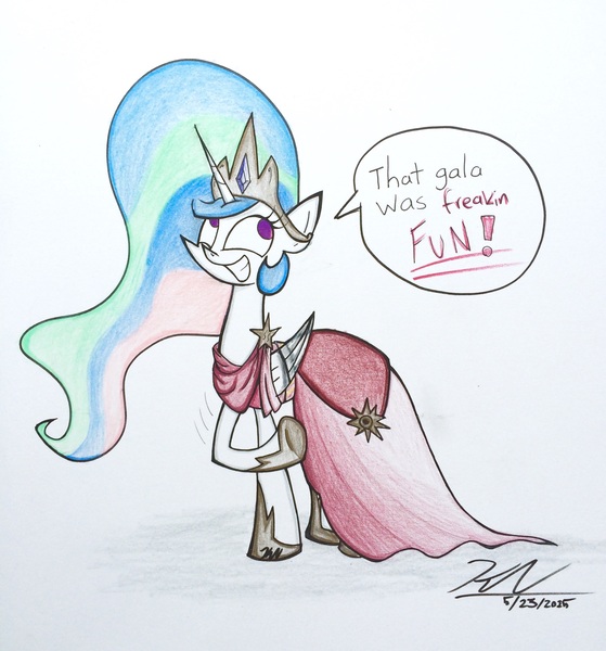 Size: 2448x2628 | Tagged: artist:pelate, clothes, derpibooru import, dialogue, dress, gala dress, make new friends but keep discord, princess celestia, safe, solo, traditional art