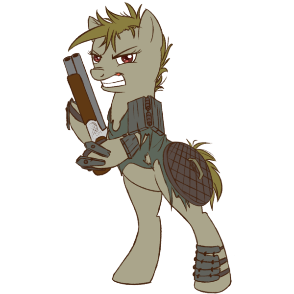 Size: 1500x1500 | Tagged: safe, artist:floots, derpibooru import, oc, oc:bowel grinder, unofficial characters only, earth pony, pony, fallout equestria, gun, raider, solo