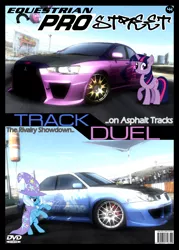 Size: 786x1100 | Tagged: safe, artist:nsdrift, derpibooru import, trixie, twilight sparkle, pony, unicorn, car, female, mare, mitsubishi, mitsubishi lancer, mitsubishi lancer evolution x, need for speed, need for speed pro street, subaru, subaru impreza