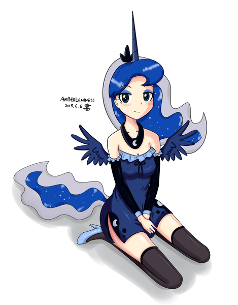 Size: 1500x1920 | Tagged: artist:vanillafox2035, clothes, derpibooru import, horned humanization, human, humanized, princess luna, safe, socks, solo, tailed humanization, thigh highs, winged humanization