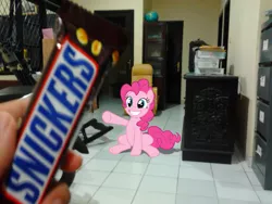 Size: 1600x1200 | Tagged: artist:nsdrift, chocolate, derpibooru import, eyes on the prize, grin, human, irl, irl human, photo, pinkie pie, ponies in real life, reaching, safe, sitting, smiling, snickers