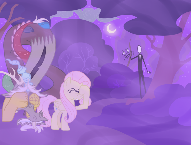 Size: 887x674 | Tagged: artist:scintillant-h, covering eyes, derpibooru import, discord, everfree forest, facehoof, fluttershy, night, safe, scared, slenderman, waving