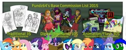 Size: 2643x1053 | Tagged: safe, artist:fundz64, derpibooru import, applejack, big macintosh, derpy hooves, fluttershy, gummy, pinkie pie, princess luna, rainbow dash, rarity, trixie, twilight sparkle, vinyl scratch, oc, oc:razorbass, butterfly, earth pony, human, pony, accessory swap, animated, barely pony related, commission, commission info, deviantart, digital, digital art, flash, freehand, male, mane six, midna, mileena, mortal kombat, pon-3, ponybots, scorpion (mortal kombat), sketch, squigly, stallion, the great and powerful, the legend of zelda, the legend of zelda: twilight princess