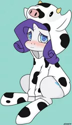 Size: 1600x2775 | Tagged: animal costume, artist:zoarity, blushing, clothes, cow, cowprint, cute, derpibooru import, explicit source, hoodie, pajamas, raricow, rarity, safe, socks, solo