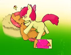 Size: 1280x989 | Tagged: suggestive, artist:cold-blooded-twilight, artist:teraspell, derpibooru import, edit, apple bloom, babs seed, applecest, appleseed, blushing, cousins, female, foalcon, hay, kissing, lesbian, shipping, sloppy kissing, tongue out