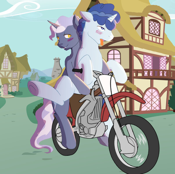 Size: 1131x1126 | Tagged: questionable, artist:red note, derpibooru import, edit, party favor, pokey pierce, blushing, explicit source, lip bite, motorcycle, not porn, sfw edit, tongue out, underhoof, wingding eyes