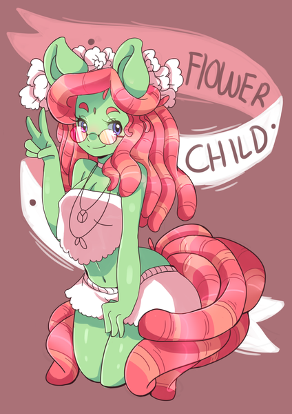 Size: 1024x1448 | Tagged: safe, artist:lana-jay, derpibooru import, tree hugger, anthro, earth pony, make new friends but keep discord, ambiguous facial structure, belly button, breasts, busty tree hugger, cleavage, clothes, cute, female, flower, flower in hair, glasses, huggerbetes, midriff, old banner, peace sign, peace symbol, skirt, smiling, solo, wide hips