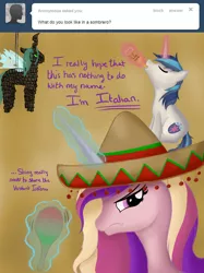 Size: 1280x1707 | Tagged: artist:iraincloud, cadence is a foreigner, derpibooru import, hat, ladybugs-awake, magic, maracas, musical instrument, piñata, princess cadance, queen chrysalis, safe, shining armor, sombrero, telekinesis, tumblr