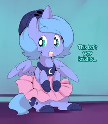 Size: 580x665 | Tagged: artist:ende26, ballet, clothes, cute, derpibooru import, dress, filly, helmet, lunabetes, open mouth, princess luna, safe, sitting, solo, tutu, woona, woona knight