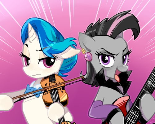 Size: 500x400 | Tagged: dead source, safe, artist:baekgup, derpibooru import, octavia melody, vinyl scratch, earth pony, pony, unicorn, alternate hairstyle, bedroom eyes, bow, bowtie, ear piercing, electric guitar, female, guitar, looking at you, mare, mirror universe, piercing, rocktavia, tongue out, vinyl class, violin