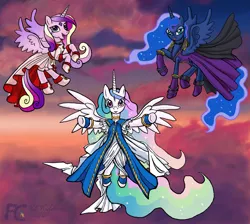 Size: 1500x1341 | Tagged: ah my goddess, artist:kelseyleah, belldandy, crossover, derpibooru import, flying, kikuko inoue, princess cadance, princess celestia, princess luna, safe, skuld, urd, voice actor joke