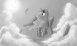 Size: 2500x1500 | Tagged: safe, artist:phuocthiencreation, derpibooru import, princess luna, alicorn, pony, cloud, crescent moon, feather, female, flying, looking up, mare, monochrome, moon, sky, solo