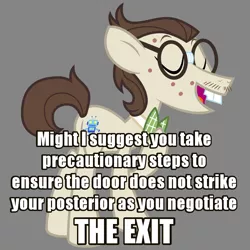 Size: 750x750 | Tagged: safe, derpibooru import, gizmo, earth pony, pony, acne, bowtie, bucktooth, eyes closed, facial hair, glasses, gray background, image macro, male, meme, moustache, reaction image, simple background, solo, stallion, text