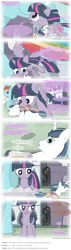 Size: 1280x4506 | Tagged: safe, artist:pegachess, derpibooru import, discord, rainbow dash, shining armor, twilight sparkle, twilight sparkle (alicorn), alicorn, pony, ask the resized ponies, female, giant pony, giantess, macro, mare, shadow