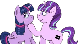 Size: 832x473 | Tagged: safe, artist:stockingstreams, derpibooru import, starlight glimmer, twilight sparkle, twilight sparkle (alicorn), alicorn, pony, the cutie map, 3:, bedroom eyes, blushing, female, frown, hoof on chin, lesbian, looking away, mare, shipping, simple background, smiling, transparent background, twistarlight, wavy mouth