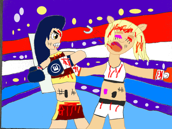 Size: 600x450 | Tagged: semi-grimdark, artist:shafty817, derpibooru import, applejack, equestria girls, black eye, blood, boxing, crossover, eared humanization, exeron, fei huang, humanized, knockout, mouthpiece, ponied up