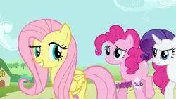 Size: 875x492 | Tagged: artist:shadowh511, derpibooru import, edit, fluttershy, hub logo, lidded eyes, new fluttershy, pinkie pie, putting your hoof down, raised eyebrow, rarity, safe, screencap