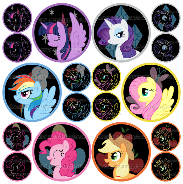 Size: 1000x1003 | Tagged: safe, artist:lifyen, derpibooru import, applejack, fluttershy, pinkie pie, rainbow dash, rarity, twilight sparkle, twilight sparkle (alicorn), alicorn, pony, badge, female, mane six, mare