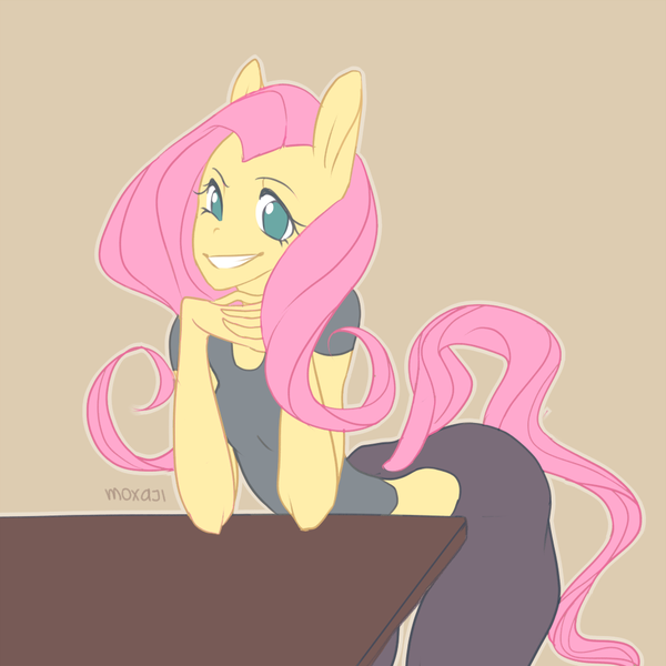 Size: 1000x1000 | Tagged: ambiguous facial structure, anthro, artist:moxaji, derpibooru import, fluttershy, grin, midriff, safe, solo