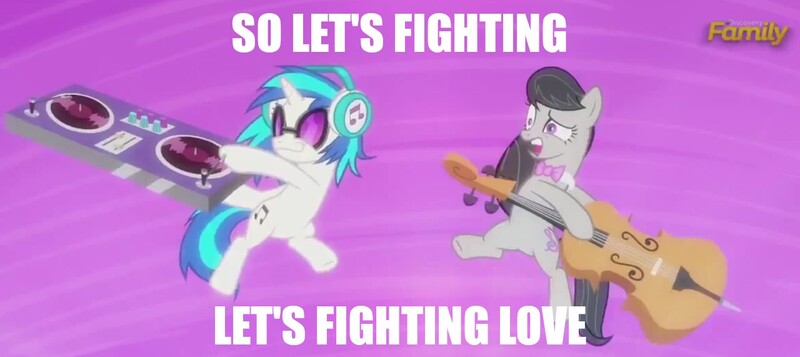 Size: 1280x571 | Tagged: safe, derpibooru import, edit, edited screencap, screencap, octavia melody, vinyl scratch, slice of life (episode), :3, caption, cello, engrish, faic, female, good times with weapons, image macro, insertavia, lesbian, let's fighting love, musical instrument, scratchtavia, shipping, song reference, south park, text, turntable