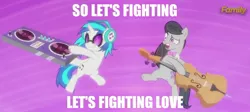 Size: 1280x571 | Tagged: safe, derpibooru import, edit, edited screencap, screencap, octavia melody, vinyl scratch, slice of life (episode), :3, caption, cello, engrish, faic, female, good times with weapons, image macro, insertavia, lesbian, let's fighting love, musical instrument, scratchtavia, shipping, song reference, south park, text, turntable