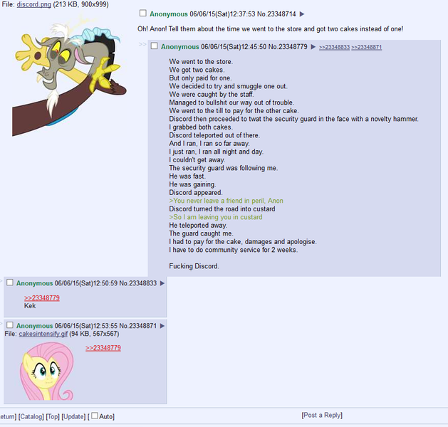 Size: 876x835 | Tagged: 4chan, cake, derpibooru import, discord, flock of seagulls, flutterface, fluttershy, food, greentext, :i, make new friends but keep discord, /mlp/, safe, screencap, text, vulgar, we bought two cakes