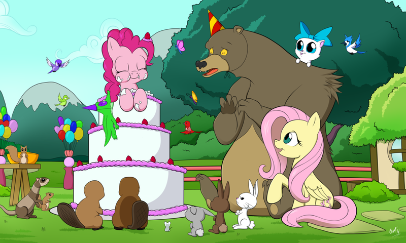 Size: 1023x614 | Tagged: angel bunny, artist:sycotei-b, balloon, bear, beaver, bird, blue jay, cake, cat, derpibooru import, ferret, fluttershy, gummy, harry, pinkie pie, rabbit, safe, squirrel