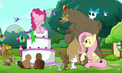 Size: 1023x614 | Tagged: angel bunny, artist:sycotei-b, balloon, bear, beaver, bird, blue jay, cake, cat, derpibooru import, ferret, fluttershy, gummy, harry, pinkie pie, rabbit, safe, squirrel