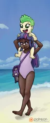 Size: 826x2000 | Tagged: artist:smudge proof, barefoot, beach, breasts, carrying, clothes, dark skin, delicious flat chest, derpibooru import, duo, feet, human, humanized, light skin, open mouth, patreon, patreon logo, safe, sketch, smiling, spike, sunscreen, swimsuit, twilight sparkle, walking, younger