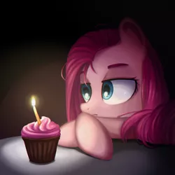 Size: 800x800 | Tagged: dead source, safe, artist:annielith, derpibooru import, pinkie pie, earth pony, pony, birthday, candle, cupcake, forgotten birthday, pinkamena diane pie, solo