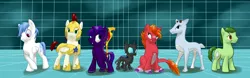 Size: 9448x2952 | Tagged: safe, artist:theandymac, derpibooru import, oc, oc:candlelight, oc:echoing silence, oc:faithblade, oc:lance, oc:razor hoof, oc:snowball, oc:tihan, unofficial characters only, changeling, dracony, earth pony, pegasus, phoenix, pony, unicorn, armor, crossed hooves, guard, royal guard, wingblade