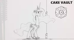 Size: 3000x1644 | Tagged: artist:ncmares, ask majesty incarnate, cake, cakelestia, derpibooru import, long neck, monochrome, necc, princess celestia, safe, solo