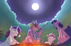 Size: 1280x828 | Tagged: safe, artist:imsokyo, derpibooru import, rarity, spike, sweetie belle, twilight sparkle, dragon, pony, unicorn, daily life of spike, campfire, camping, female, filly, full moon, low angle, male, mare, marshmallow, moon, open mouth