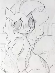 Size: 891x1182 | Tagged: safe, artist:bluedrg19, derpibooru import, oc, oc:milky way, unofficial characters only, pony, :p, blushing, female, lineart, mare, monochrome, solo, tongue out, traditional art