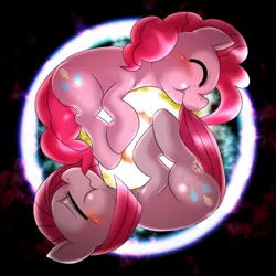 Size: 1000x1000 | Tagged: artist:ushiro no kukan, cute, cuteamena, derpibooru import, diapinkes, duality, eyes closed, ouroboros, pinkamena diane pie, pinkie pie, safe, scrunchy face, self ponidox, tail bite, yin-yang