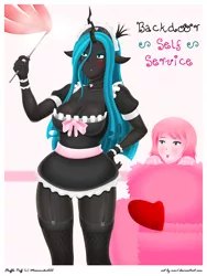 Size: 1200x1600 | Tagged: suggestive, artist:evov1, derpibooru import, queen chrysalis, oc, oc:fluffle puff, equestria girls, :p, blushing, breasts, busty queen chrysalis, canon x oc, choker, chrysipuff, cleavage, clothes, couch, dress, equestria girls-ified, eyes on the prize, female, fishnets, french maid, horned humanization, lesbian, maid, sexy, shipping, socks, stockings, stupid sexy chrysalis, thigh highs, tongue out