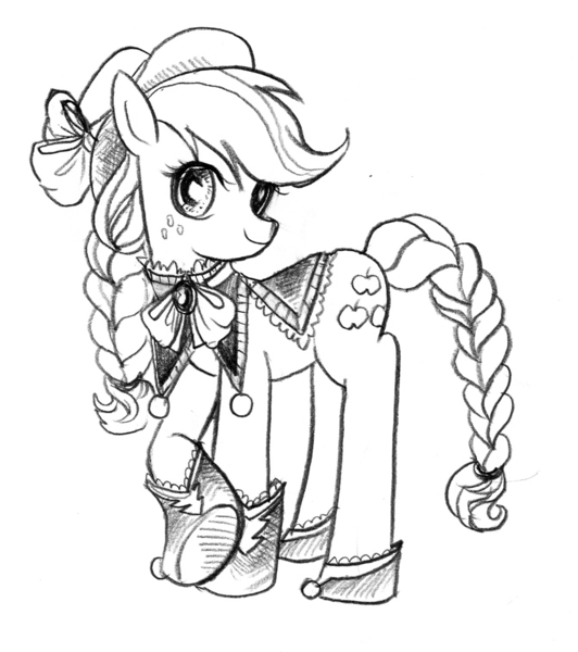 Size: 1024x1155 | Tagged: alternate hairstyle, applejack, artist:han_hyui, derpibooru import, monochrome, safe, solo