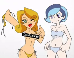 Size: 960x760 | Tagged: artist:dayamond567, artist:kianamai, bikini, breasts, censor bar, censored, clothes, colored, color edit, derpibooru import, edit, human, humanized, humanized oc, kilalaverse, next generation, oc, oc:amber lily, oc:dove (kianamai), offspring, panty and stocking with garterbelt, parent:oc:herb, parent:oc:isis quartz, parents:canon x oc, parents:oc x oc, parent:trixie, parent:unnamed oc, simple background, style emulation, suggestive, swimsuit, topless, unofficial characters only, white background