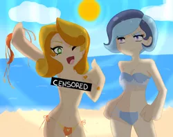 Size: 2048x1626 | Tagged: artist:gypsycuddles, artist:kianamai, bikini, breasts, censor bar, censored, clothes, colored, derpibooru import, human, humanized, humanized oc, kilalaverse, next generation, oc, oc:amber lily, oc:dove (kianamai), offspring, panty and stocking with garterbelt, parent:oc:herb, parent:oc:isis quartz, parents:canon x oc, parents:oc x oc, parent:trixie, parent:unnamed oc, suggestive, swimsuit, topless, unofficial characters only