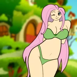 Size: 1000x1000 | Tagged: suggestive, anonymous artist, deleted from derpibooru, derpibooru import, fluttershy, human, arm behind back, belly button, bra, breasts, busty fluttershy, cleavage, clothes, female, green underwear, humanized, image, panties, png, solo, solo female, trace, underwear, wide hips, wink
