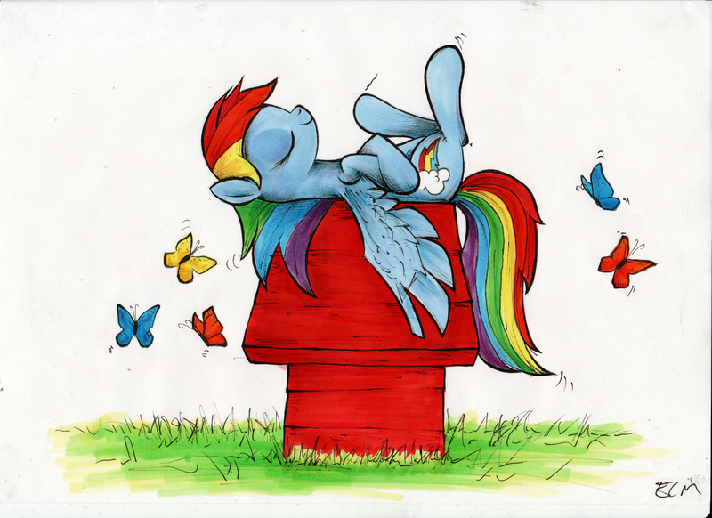 Size: 2000x1455 | Tagged: safe, artist:ecmonkey, derpibooru import, rainbow dash, butterfly, crossover, cute, dashabetes, dog house, hoofy-kicks, peanuts, sleeping, snoopy, solo