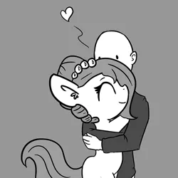 Size: 650x650 | Tagged: safe, artist:tjpones, derpibooru import, oc, oc:brownie bun, oc:richard, unofficial characters only, earth pony, human, pony, horse wife, cute, ear fluff, eyes closed, female, gray background, grayscale, heart, hug, human male, male, mare, monochrome, simple background