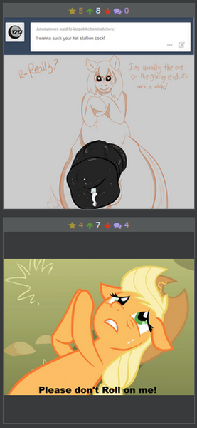 Size: 284x615 | Tagged: applejack, applepray, artist:largekitchenmatches, derpibooru, derpibooru import, explicit, exploitable meme, impossibly large penis, juxtaposition, juxtaposition win, meme, meta, nudity, oc, oc:dc, penis