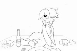 Size: 3000x2000 | Tagged: suggestive, artist:warpony, derpibooru import, pony, cup, female, food, lineart, monochrome, pose, sexy, sitting, sketch, sketchbook, solo, solo female, surface pro, table, trace, vodka