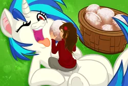 Size: 1280x866 | Tagged: safe, artist:nyum-nums, derpibooru import, vinyl scratch, human, pony, belly, cute, feeding, feeding ponies, giant pony, open mouth, size difference, tongue out, wrong eye color