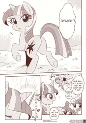 Size: 1200x1718 | Tagged: apple bloom, artist:akira bano, ball, comic, cutie mark crusaders, derpibooru import, doujin, monochrome, safe, scootaloo, struggling, sweetie belle, tree, twilight sparkle